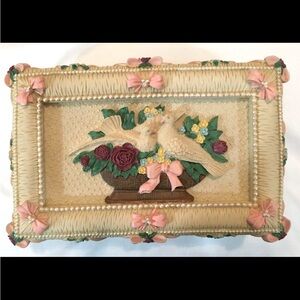 Vintage Ornate Cast Resin Jewelry Box with Doves, Flowers, & Beadwork